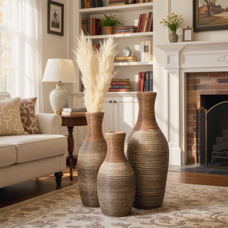 Sunvega Hand-Woven PVC Rattan Vases Set of 3 Brown Farmhouse Floor Decor