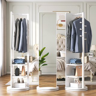 Sunvega 360° Rotating Full Length Mirror with Solid Wood Hook Storage Rack for Bedroom