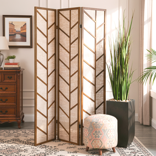Sunvega Walnut and Linen Foldable 3-Panel Screen with Feather Motif for Room Divider