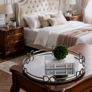 Sunvega Valentina Silver Round Mirror Tray with Distressed Frame for Tabletop Decor