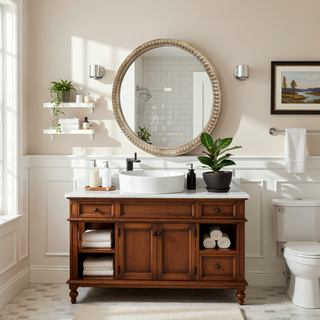 Sunvega 31.50" Round Distressed Wood Beaded Frame Farmhouse Accent Mirror
