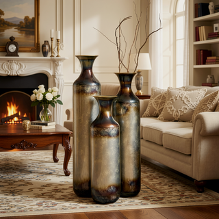Sunvega Torch-Fired Metal Vases Set of 3 with Gradient Blue Rustic Finish for Farmhouse