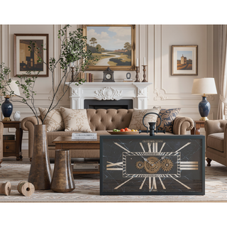 Sunvega Black Gold Roman Numeral Gear Clock with Glass Case for Desk Decor