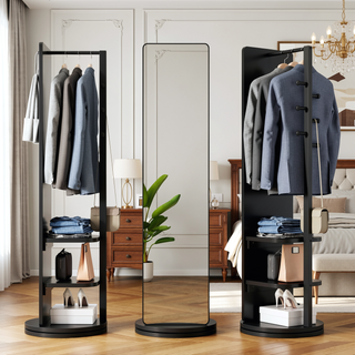 Sunvega 360° Rotating Full Length Mirror with Hook Storage Coat Rack Solid Wood Floor Mirror