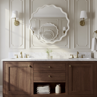 Sunvega Natural Wood Wavy Round Solid Wood Frame Decorative Mirror for Bedroom Bathroom