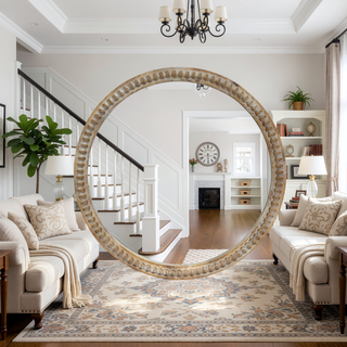 Sunvega 31.50" Round Distressed Wood Beaded Frame Farmhouse Accent Mirror