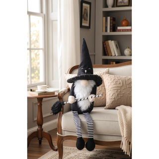 Sunvega Handcrafted 4.3x4x26.8 Inch Fabric Sitting Black Gnome With Broomstick