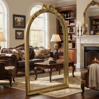 Sunvega Baroque Gold Arched Full Length Mirror with Scrollwork Crown for Living Room