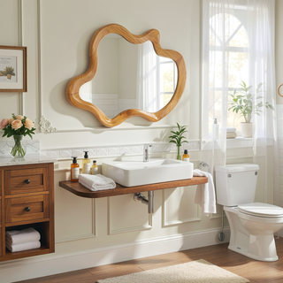 Sunvega Unique Irregular Shaped Wall Mirror with Natural Wood Frame for Clear Reflection