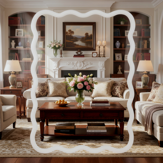 Sunvega Wavy Rectangle Solid Wood Frame Decorative Mirror with Clear Reflection for Bedroom