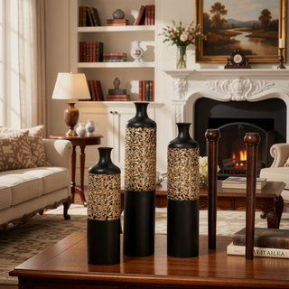 Sunvega Gilded White 3D Relief Flower Metal Cylinder Vase Set for Home Décor