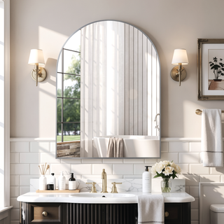 Sunvega 30x40 Inch Gold Metal Framed Arched Mirror with Shatterproof Film