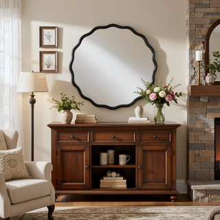 Sunvega Farmhouse Art Deco Wavy Wood Mirror Frame Wall Decor for Bathroom