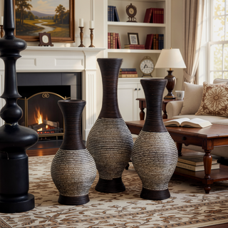 Sunvega Hand-Woven PVC Rattan Vases Set of 3 Brown Farmhouse Floor Decor