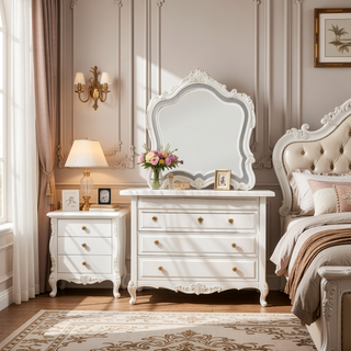 Sunvega Pearl White Finish Nightstand with Granite Top and Two Spacious Drawers