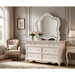 Sunvega Pearl White Finish Nightstand with Granite Top and Two Spacious Drawers