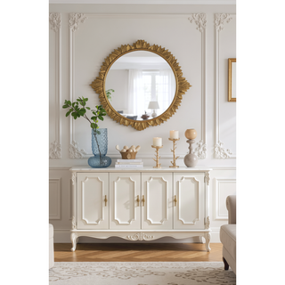 Sunvega Ornate Gold Round MDF Wall Mirror with Carved Frame for Living Room