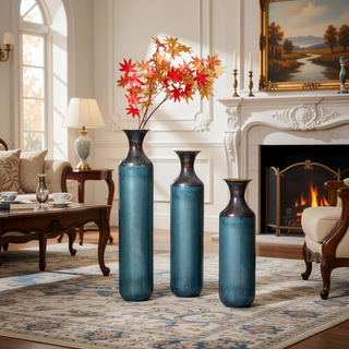 Sunvega Torch-Fired Metal Vases Set of 3 with Gradient Blue Rustic Finish for Farmhouse