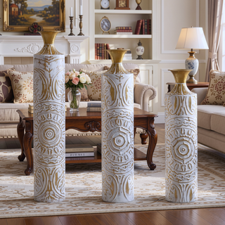 Sunvega Gilded White 3D Relief Flower Metal Cylinder Vase Set for Home Décor