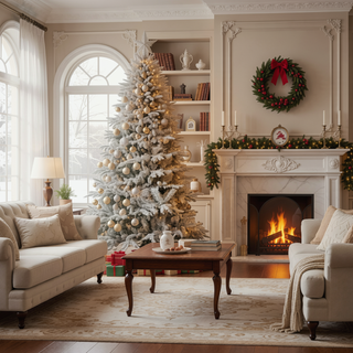 Sunvega Pencil Artificial Xmas Tree with Faux Snow Flocked Full Branch Tips Flame-retardant
