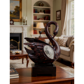 Sunvega Floral Foliage Swan Decor with Crackle Glass Mirror Pattern on Pedestal Base