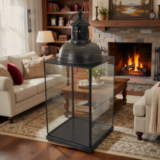 Sunvega Black Metal Lantern with Glass Panels and Square Base 20 Inch Tall