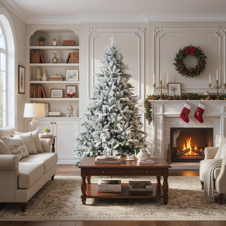 Sunvega Snow Flocked Artificial Christmas Tree with Foldable Metal Stand and Flame Retardant Branches