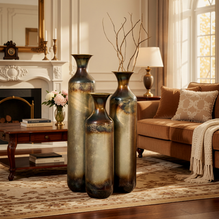 Sunvega Torch-Fired Metal Vases Set of 3 with Gradient Blue Rustic Finish for Farmhouse