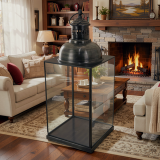 Sunvega Black Metal Lantern with Glass Panels and Square Base 20 Inch Tall