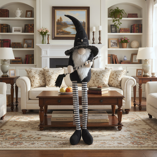 Sunvega Handcrafted 4.3x4x26.8 Inch Fabric Sitting Black Gnome With Broomstick