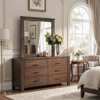 Sunvega Elegant Oak Nightstand with Two Spacious Drawers and Antique Brass Handles
