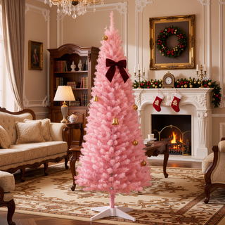 Sunvega Pencil Artificial Xmas Tree with Faux Snow Flocked Full Branch Tips Flame-retardant
