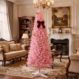 Sunvega Pencil Artificial Xmas Tree with Faux Snow Flocked Full Branch Tips Flame-retardant