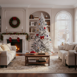 Sunvega Pencil Artificial Xmas Tree with Faux Snow Flocked Full Branch Tips Flame-retardant