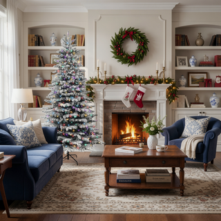 Sunvega Pencil Artificial Xmas Tree with Faux Snow Flocked Full Branch Tips Flame-retardant