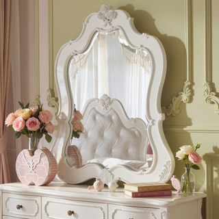 Sunvega Pearl White Finish Dresser with Scrolled Inlay Details and Spacious Drawers
