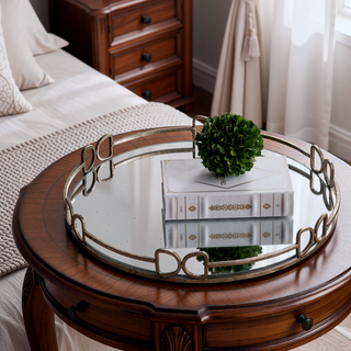 Sunvega Valentina Silver Round Mirror Tray with Distressed Frame for Tabletop Decor