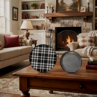 Sunvega 2 Piece Black and White Plaid Print Round Decorative Tray Set for Living Space