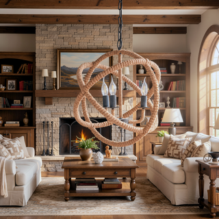 Sunvega 3-Light Farmhouse Chandelier with Hemp Rope and Adjustable Chain