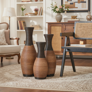Sunvega Hand-Woven PVC Rattan Vases Set of 3 Brown Farmhouse Floor Decor