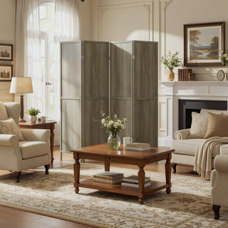 Sunvega 4-Panel Folding Screen with Grey Driftwood Finish and Sleek Legs