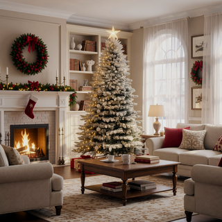 Sunvega Pencil Artificial Xmas Tree with Faux Snow Flocked Full Branch Tips Flame-retardant