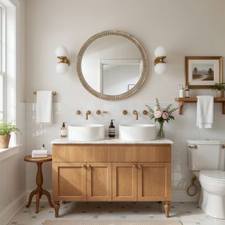Sunvega 31.50" Round Distressed Wood Beaded Frame Farmhouse Accent Mirror