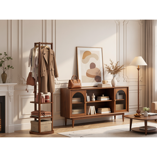Sunvega 360° Rotating Full Length Mirror with Hook Storage Coat Rack Solid Wood Floor Mirror