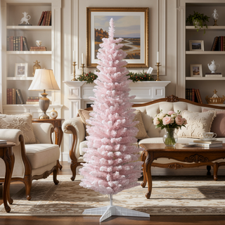 Sunvega Snow Flocked Artificial Pencil Christmas Tree with Realistic Branches for Indoor