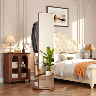 Sunvega 360° Rotating Full Length Mirror with Hook Storage Coat Rack Solid Wood Floor Mirror