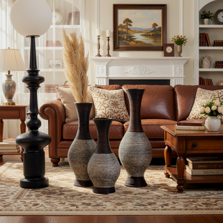 Sunvega Hand-Woven PVC Rattan Vases Set of 3 Brown Farmhouse Floor Decor