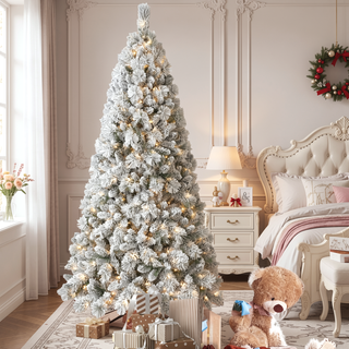Sunvega Snowy Flocked 7FT Christmas Tree with 450 Warm White LED Lights and 1060 Tips