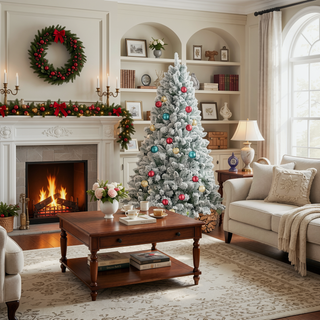 Sunvega Snow-Kissed Flocked Christmas Tree with 888 Tips and Pine Cones