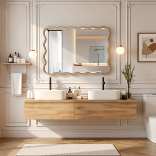 Sunvega Wavy Rectangle Solid Wood Frame Decorative Mirror with Clear Reflection for Bedroom
